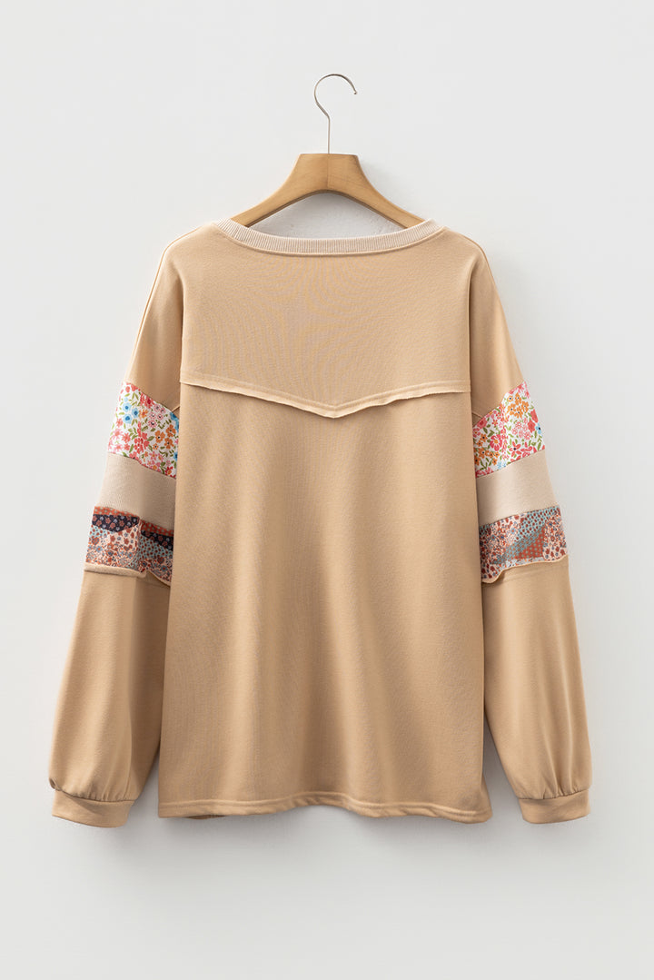 Khaki Exposed Seam Floral Mixed Patchwork Relaxed Plus Size Top
