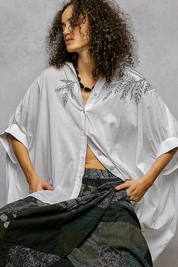 POL Button Down Embroidered Floral High-Low Hem Shirt