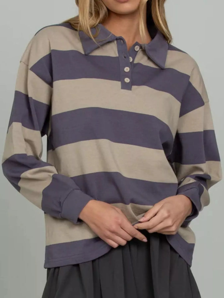 Striped Polo Collar Sweatshirt with Button Details