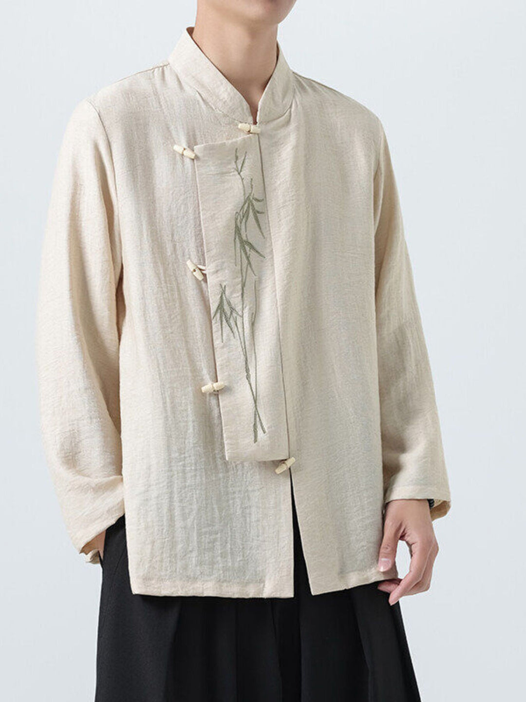 Men's Plus Size Chinese Style Embroidered Bamboo Linen Shirt