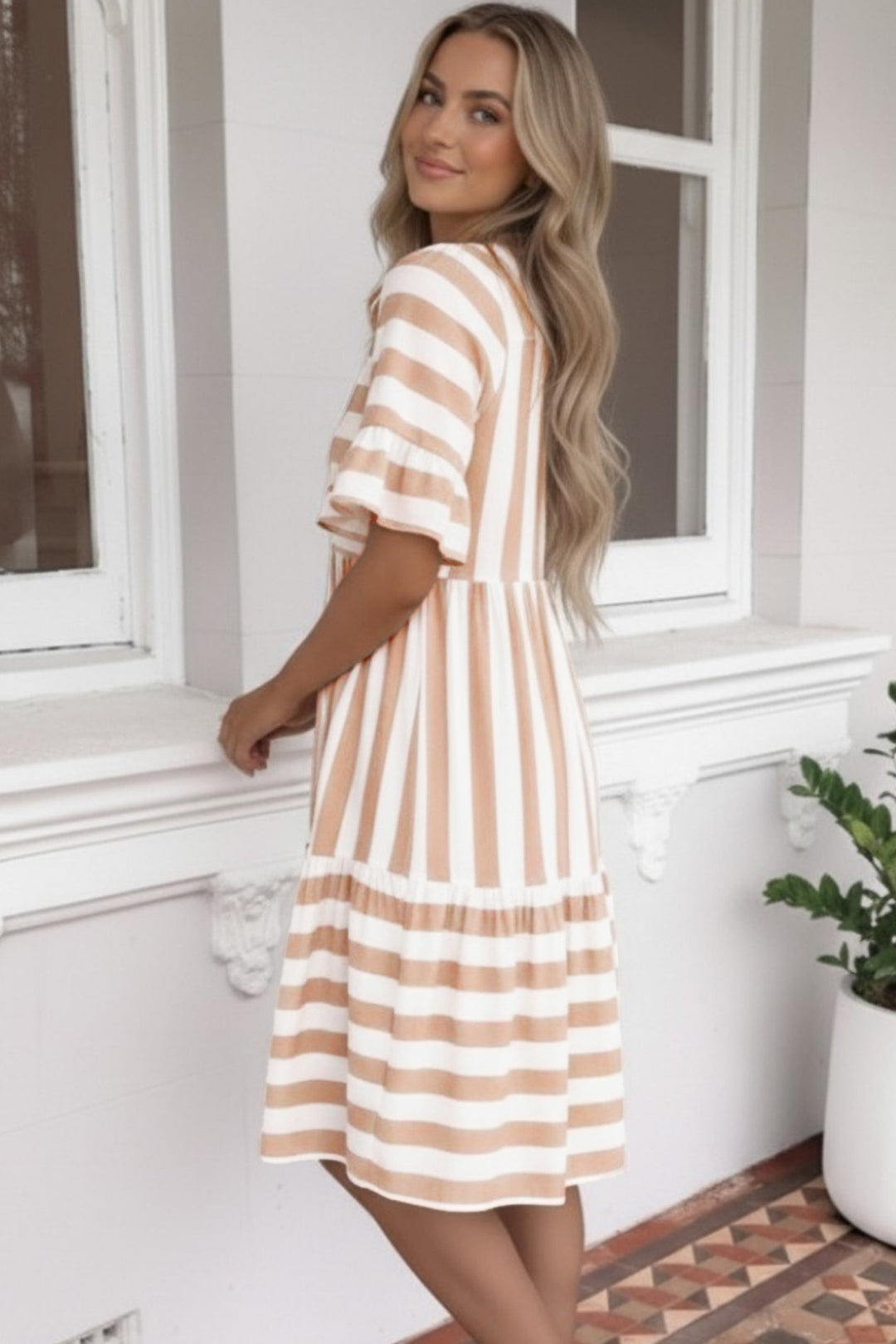 Khaki Stripe Tie V Neck Ruffle Trim Short Sleeve Flared Summer Dress