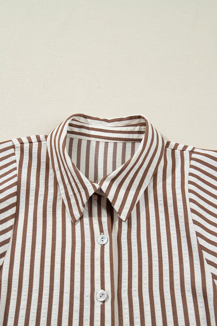 Brown Stripe Knot Waist Puff Sleeve Button Down Mini Shirt Dress