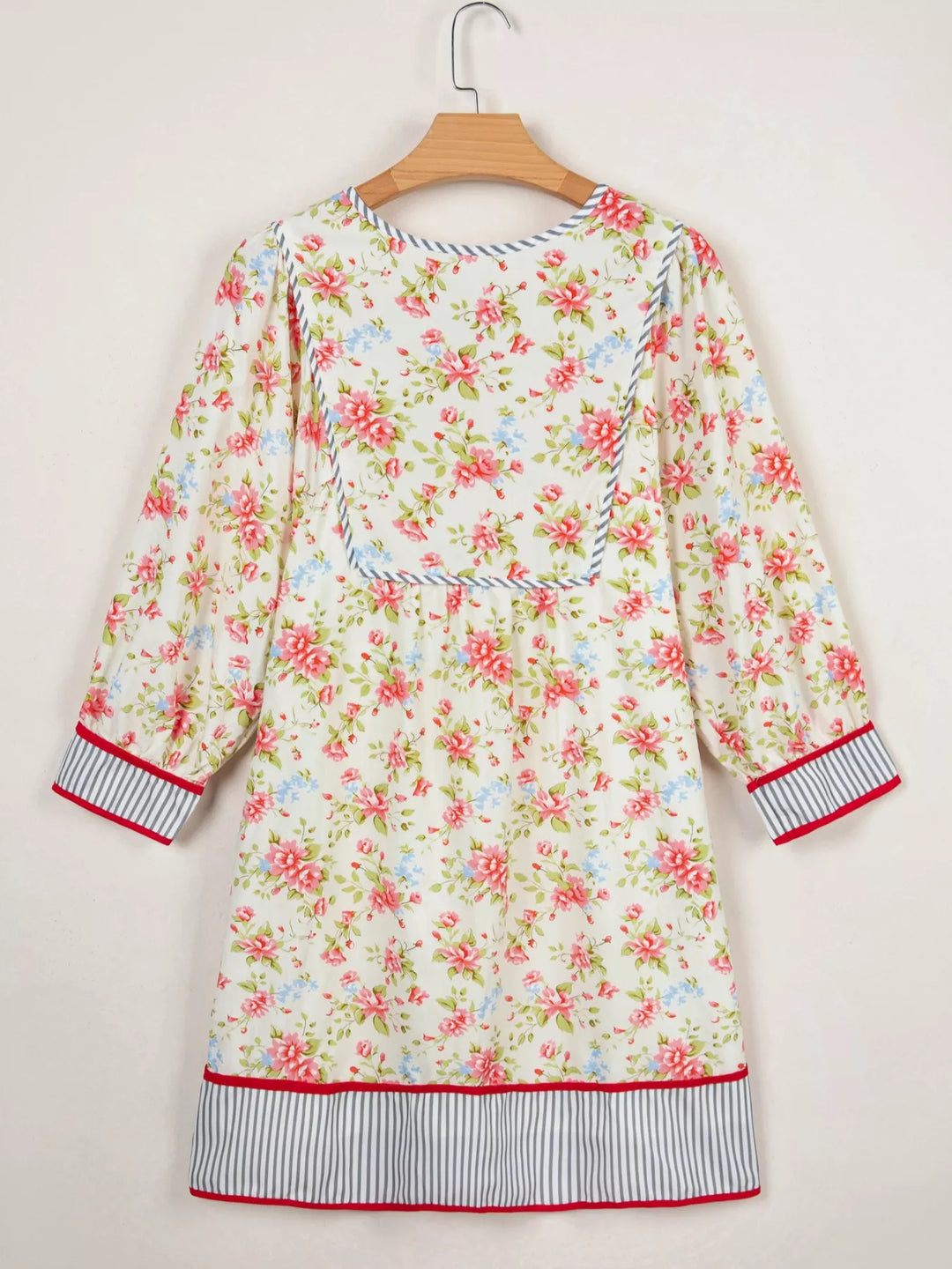 Striped Edge 3/4 Puff Sleeve Floral Dress