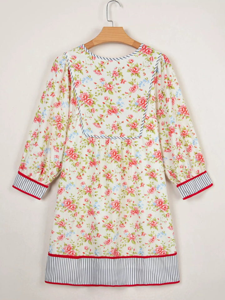 Striped Edge 3/4 Puff Sleeve Floral Dress