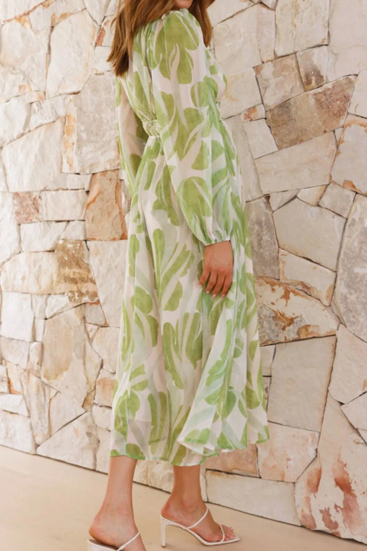 Printed V-Neck Long Sleeve Midi Dress