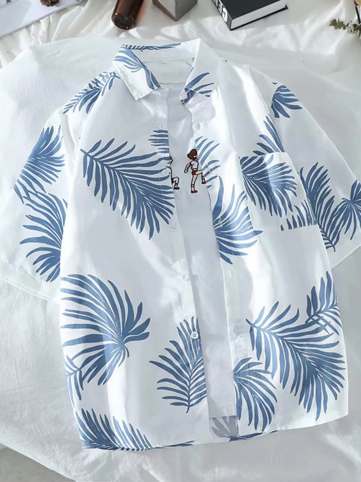 Men's Leaf Print Button Up Short Sleeve Shirt