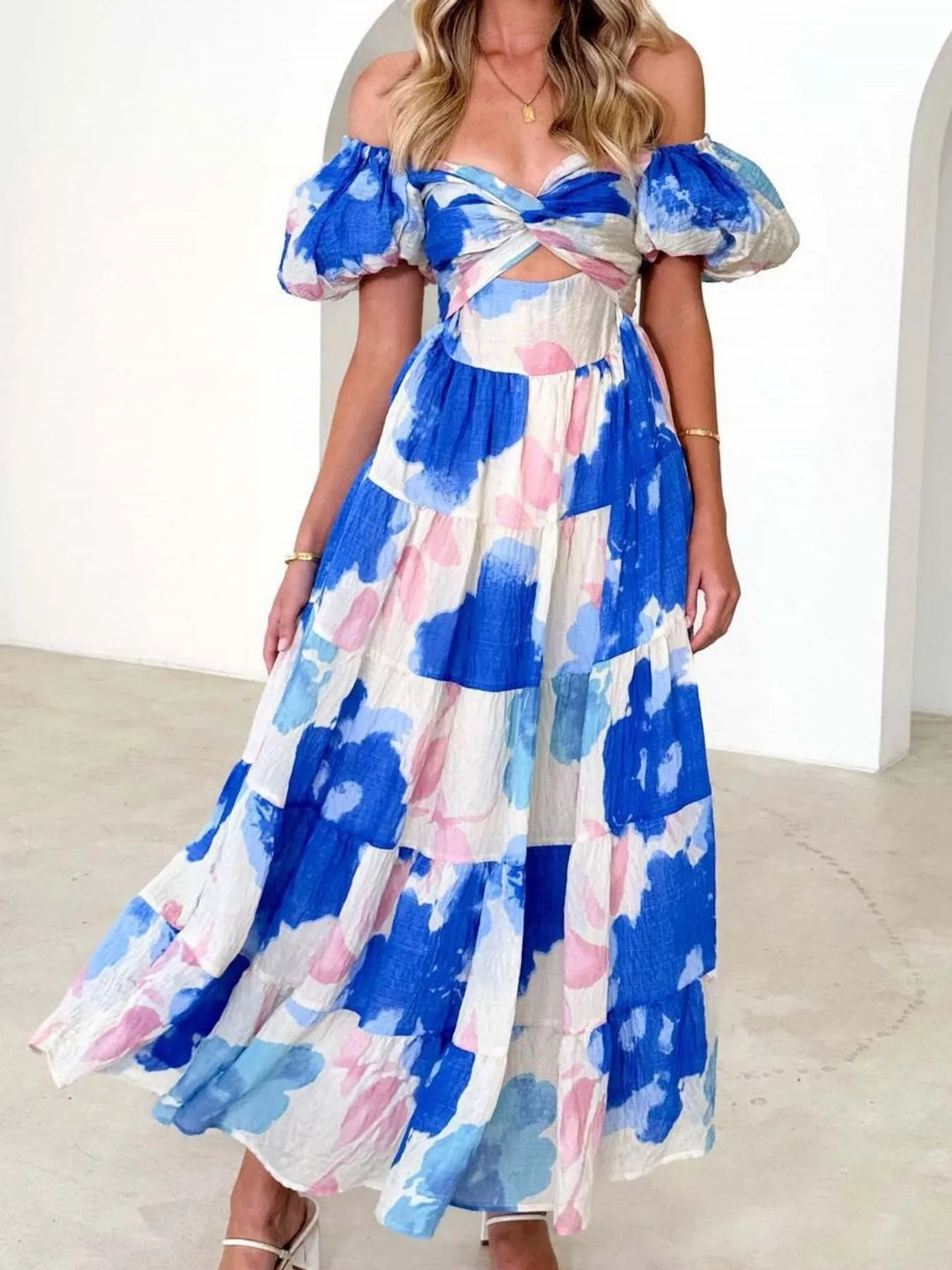 Off-Shoulder Floral Tiered Dress with Ruffle Details