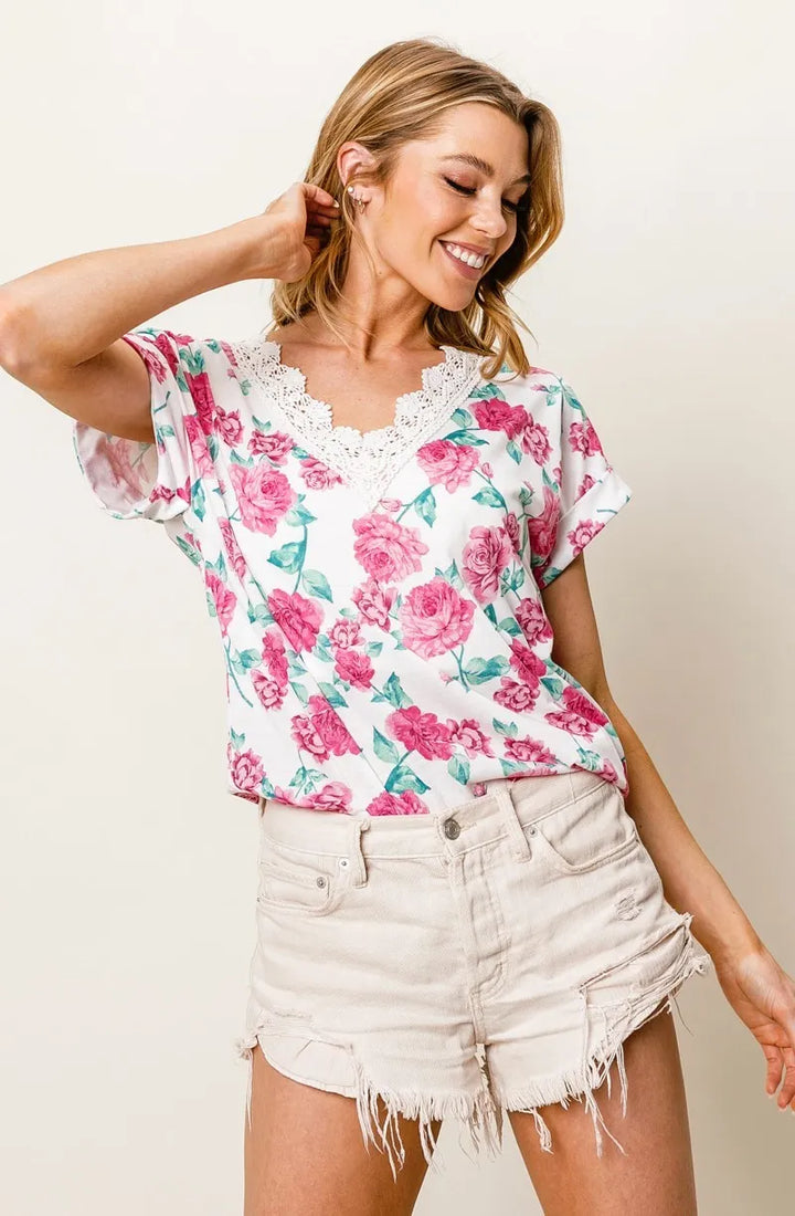 BiBi Rose Printed Poly Span with Crochet Lace Top
