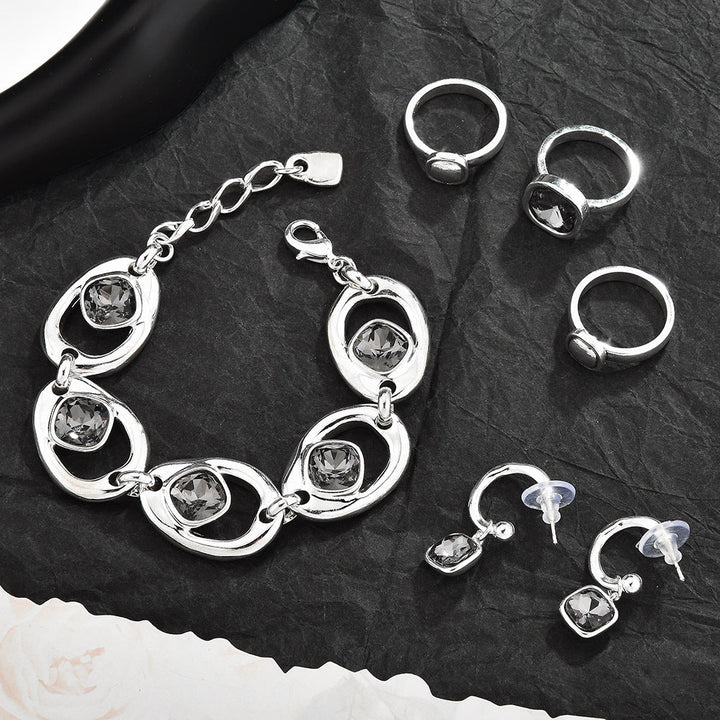 Hollow Geometric Black Crystal Jewelry Set For Women, Adjustable Bracelet Ring Earrings 3Pcs Matching Set, Minimal Cool Fashion Jewelry