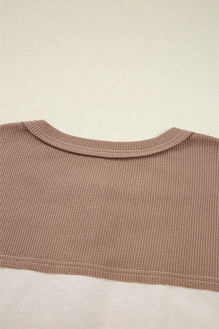 Jet Stream Color Block Waffled Patchwork Loose Henley Top