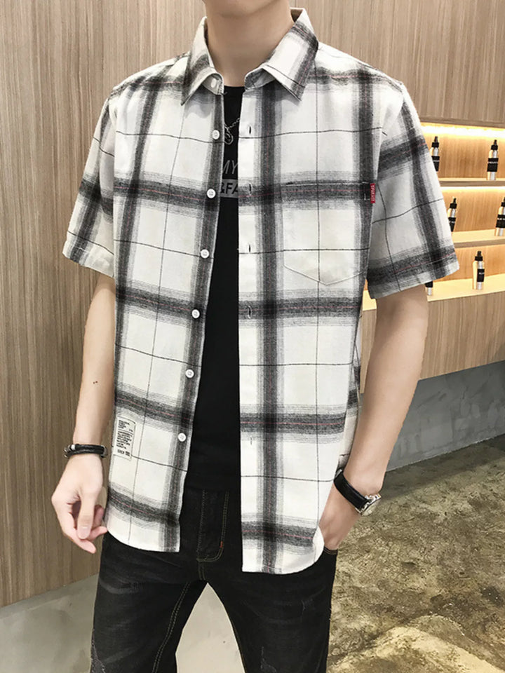 Men's Plus Size Plaid Button-Down Short Sleeve Shirt