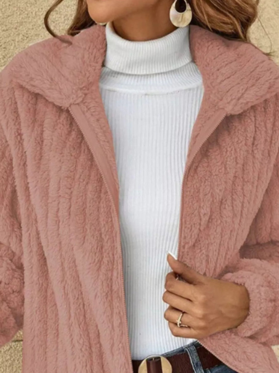 Full Size Zip-Up Long Sleeve Texture Jacket Plus Size