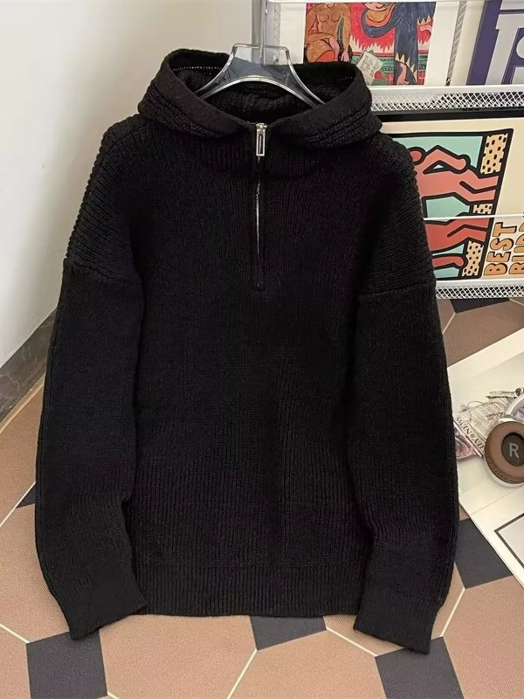 Men's Hooded Half Zip Knit Sweater