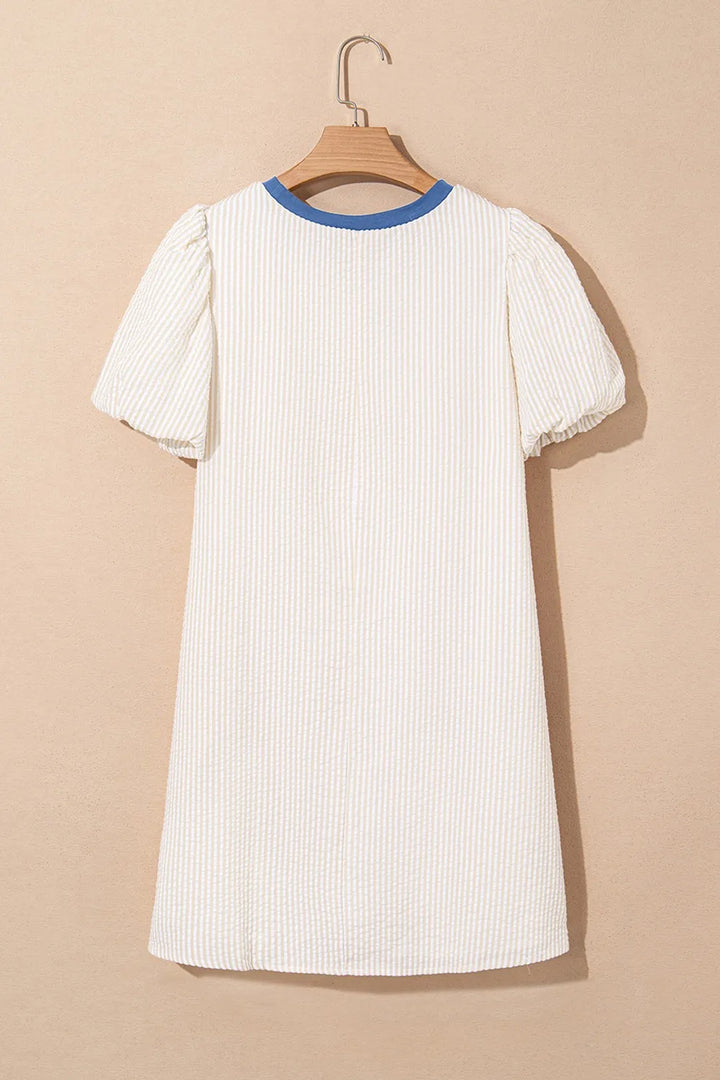 Stripe Seersucker Contrast Round Neck Puff Sleeve T Shirt Dress