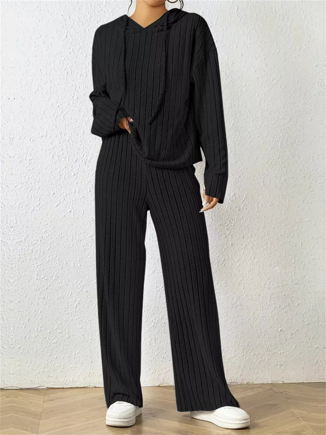 Ribbed Drawstring Hoodie and Pants Set