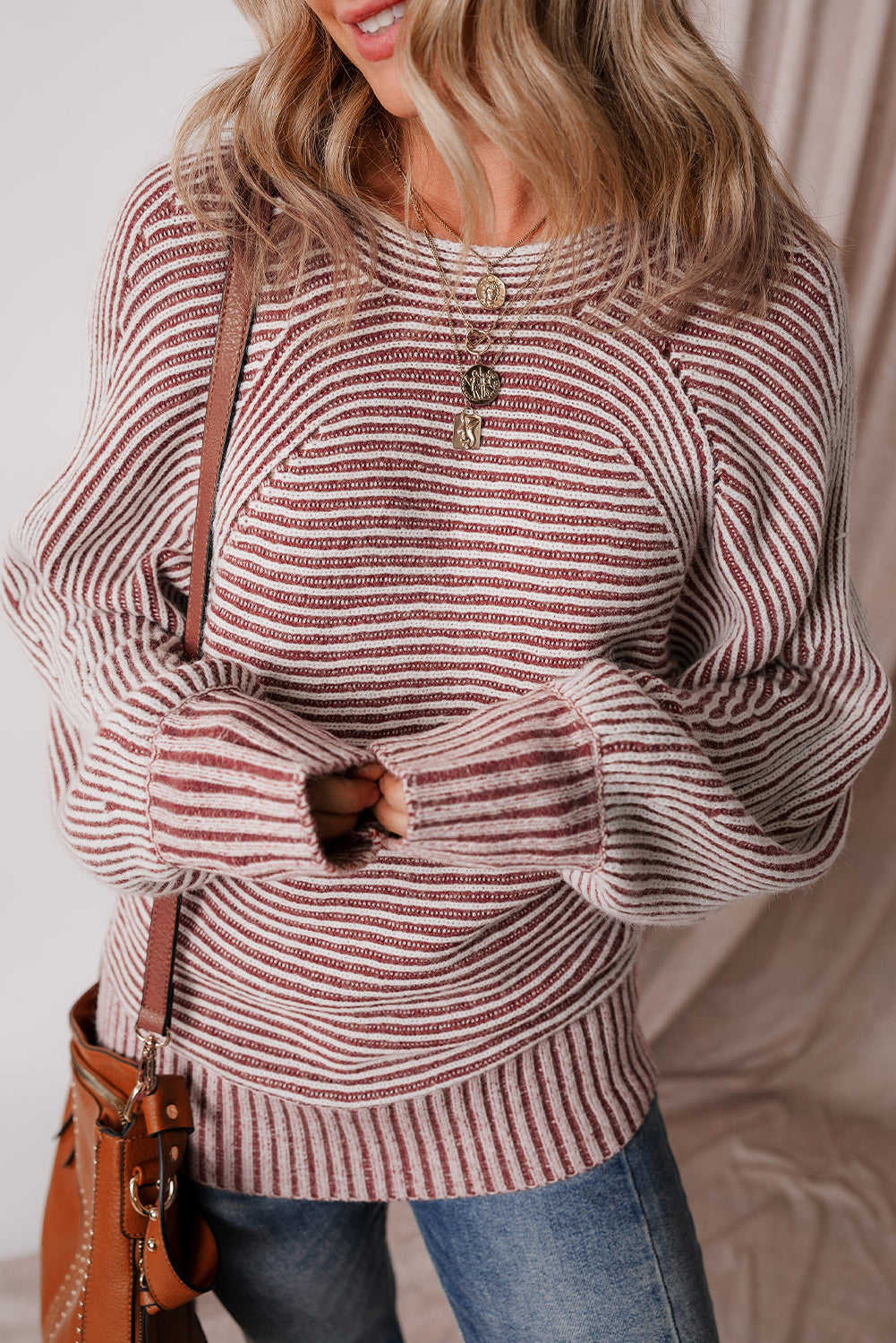 Red Dahlia Striped Print Ribbed Knit Boat Neck Baggy Sweater