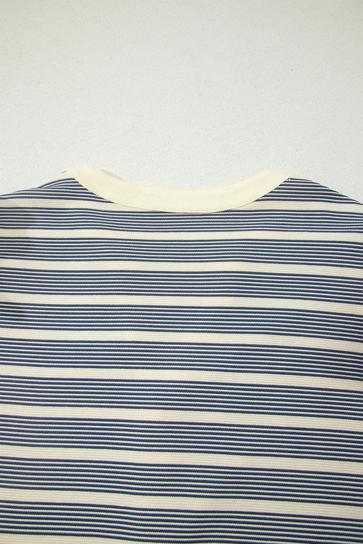 Blue Stripe Plus Size Contrast Trim Button V Neck Ruffle Sleeve Shift Dress