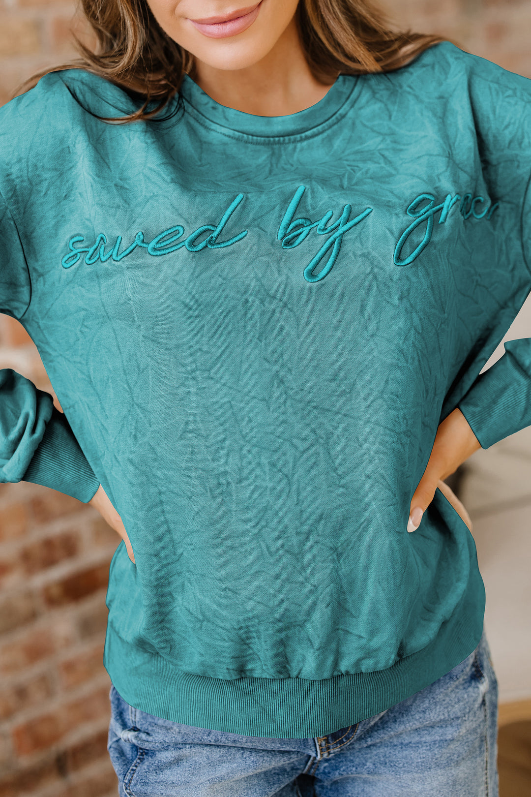 Sea Green saved by grace Letter Embroidery Mineral Wash Loose Sweatshirt