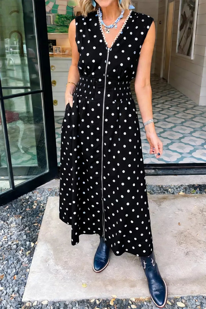 Polka Dot Zipper Front Midi Dress