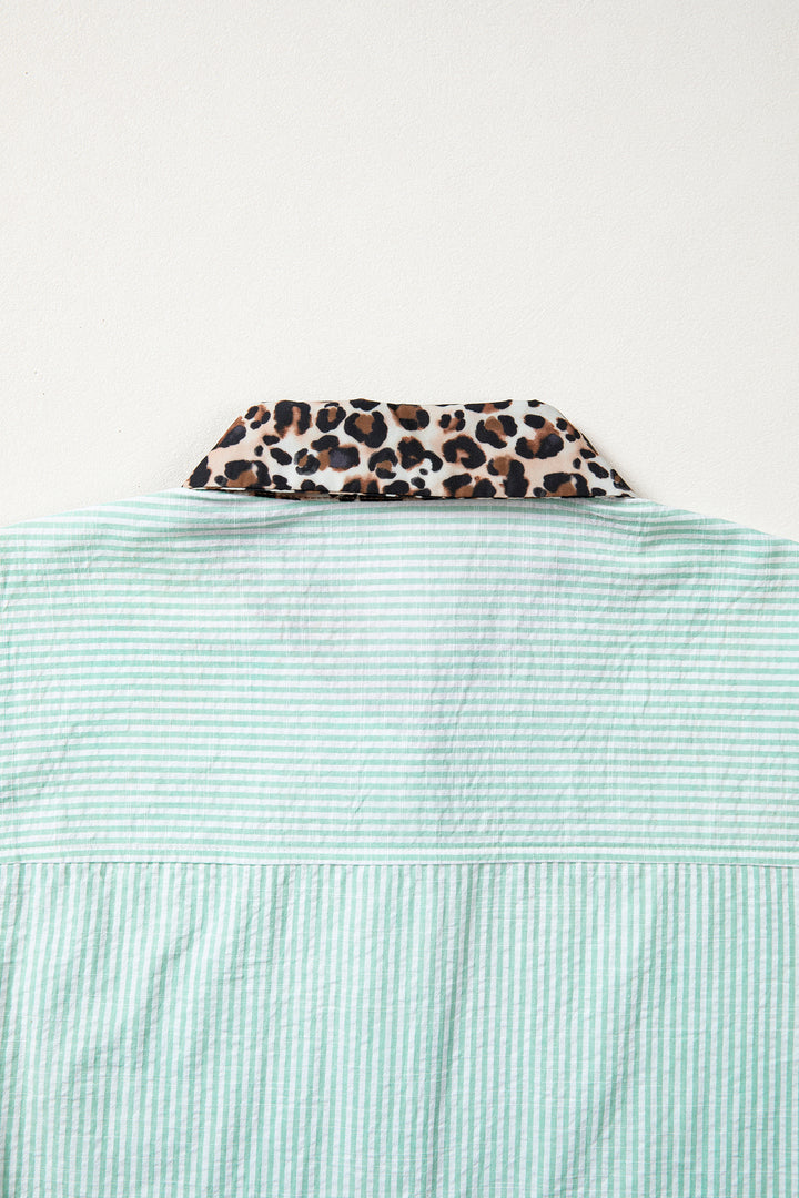 Green Stripe Leopard Contrast Collar Short Sleeve Shirt