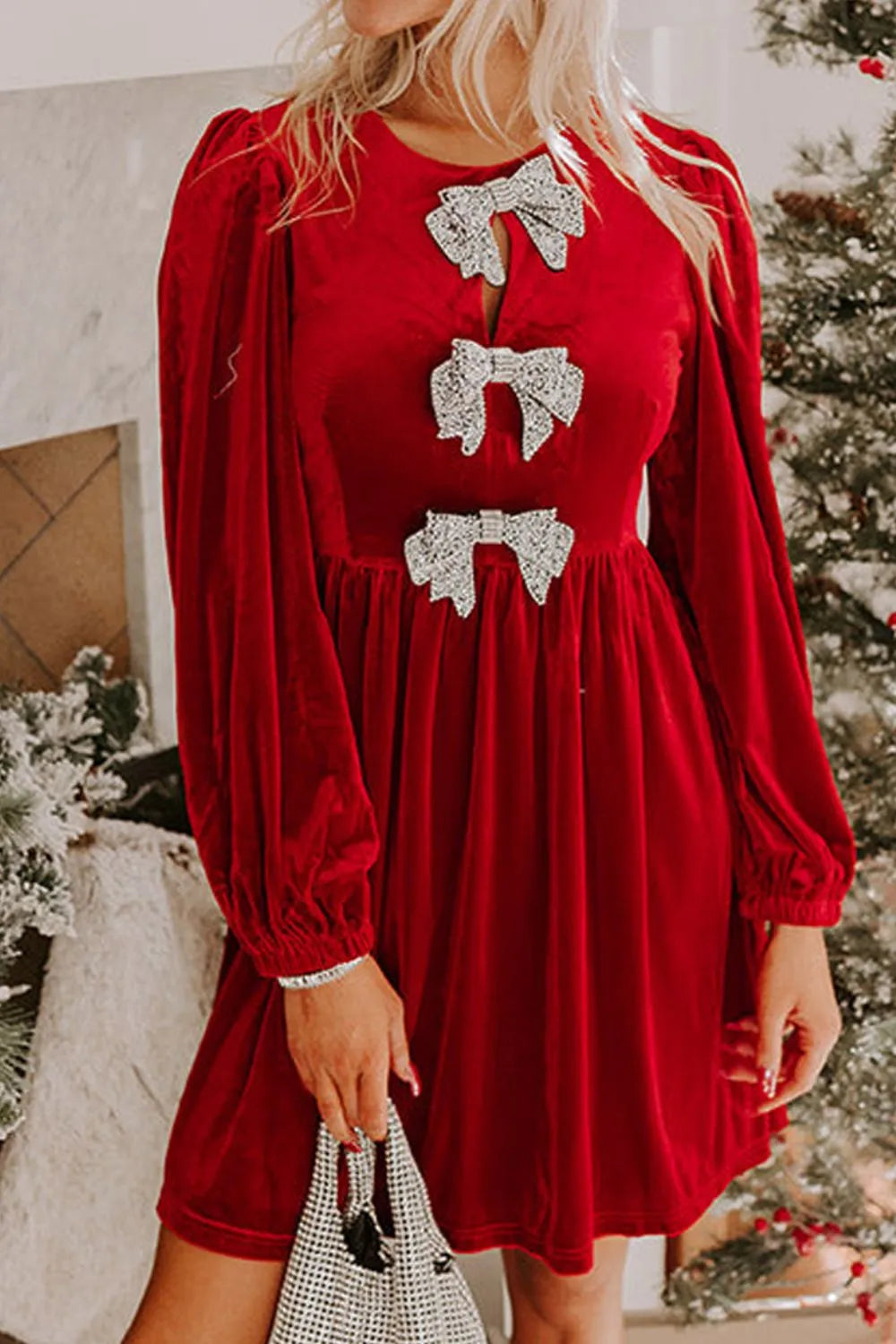 Velvet Bow Front Balloon Sleeve Dress