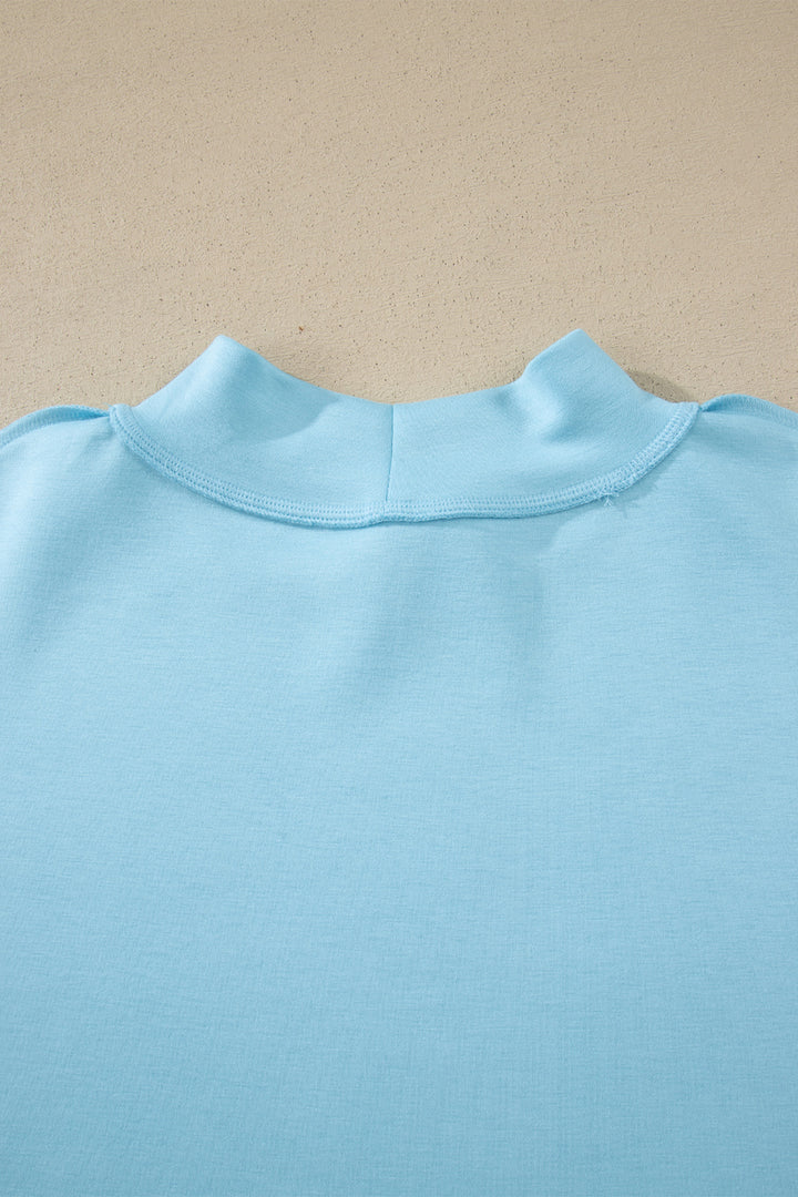 Mist Blue Solid Color Exposed Seam Mock Neck Oversize Tee Casual Shorts 2pcs Outfit