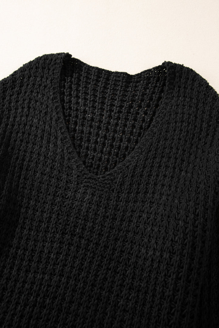 Black Hollow-out Crochet V Neck Sweater