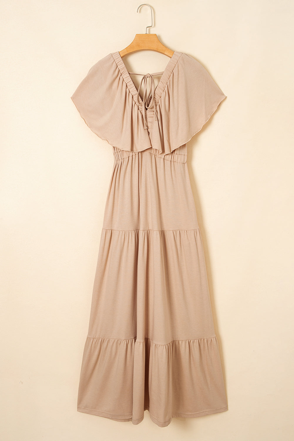 Parchment Textured V Neck Flutter Sleeve Ruffled Maxi Dress