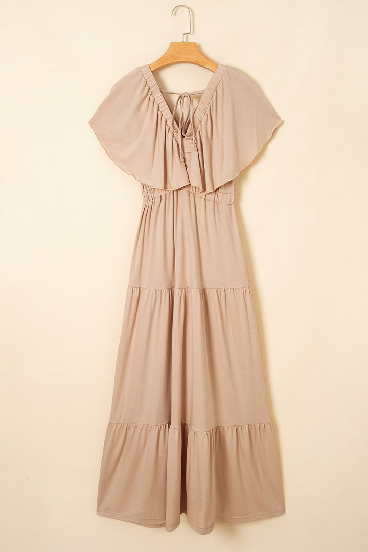 Parchment Textured V Neck Flutter Sleeve Ruffled Maxi Dress