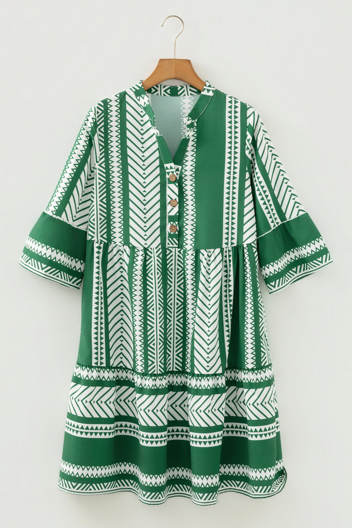 Green Boho Ethnic Print Half Button 3/4 Sleeve Casual Dress