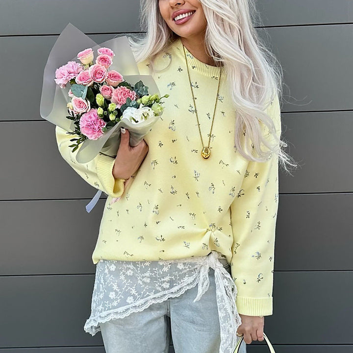Womens European And American-style Chic Floral-print Crew-neck Pullover Sweater
