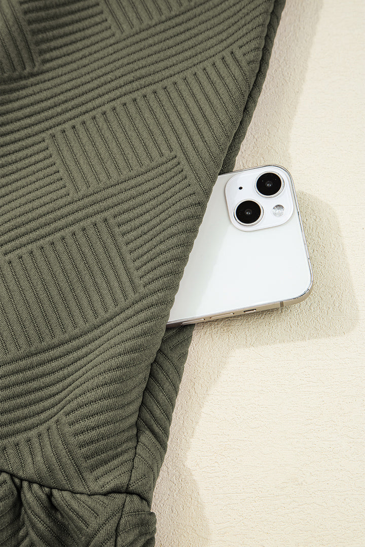 Jungle Green Quarter Zip Collar Bracelet Sleeve Textured Mini Dress