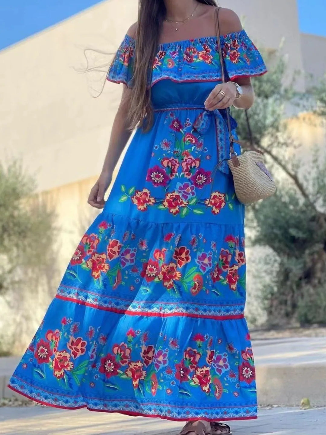 Floral Off Shoulder Ruffle Maxi Dress