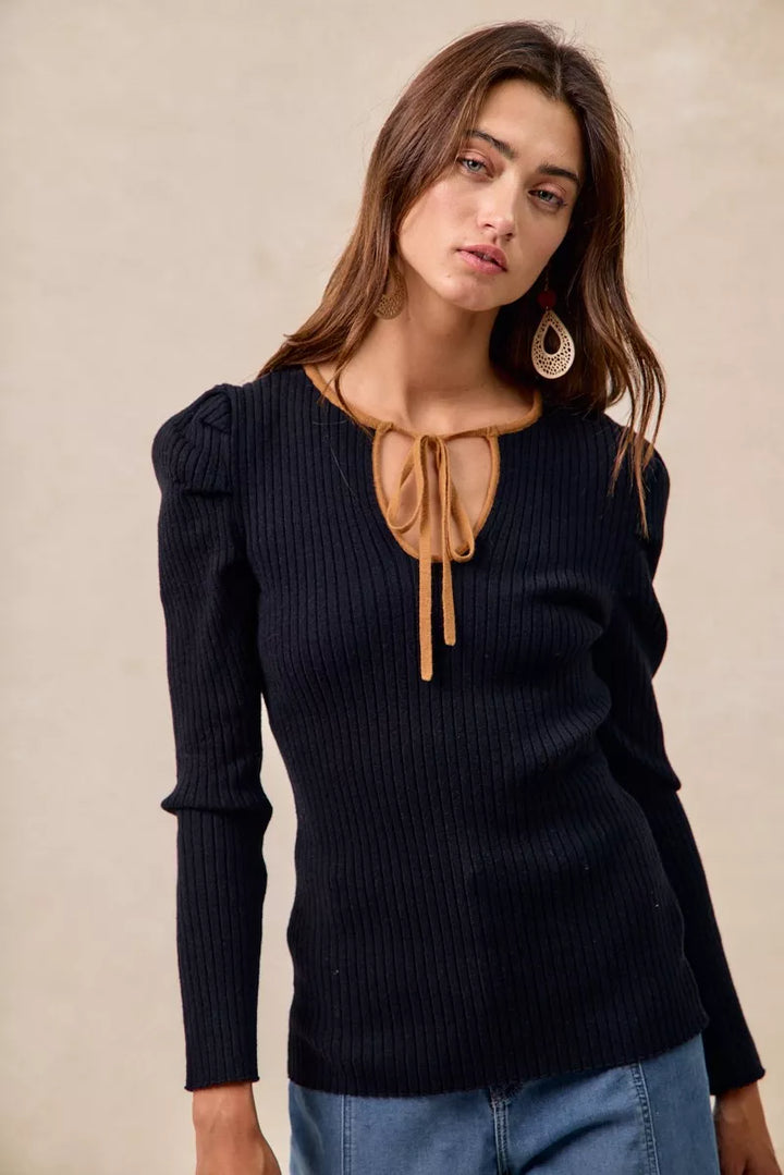 BiBi Ribbed Contrast Front Tied Top with Shrried