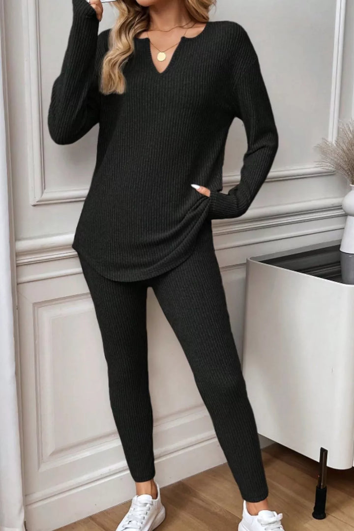 Notched Long Sleeve Top & Pants Set