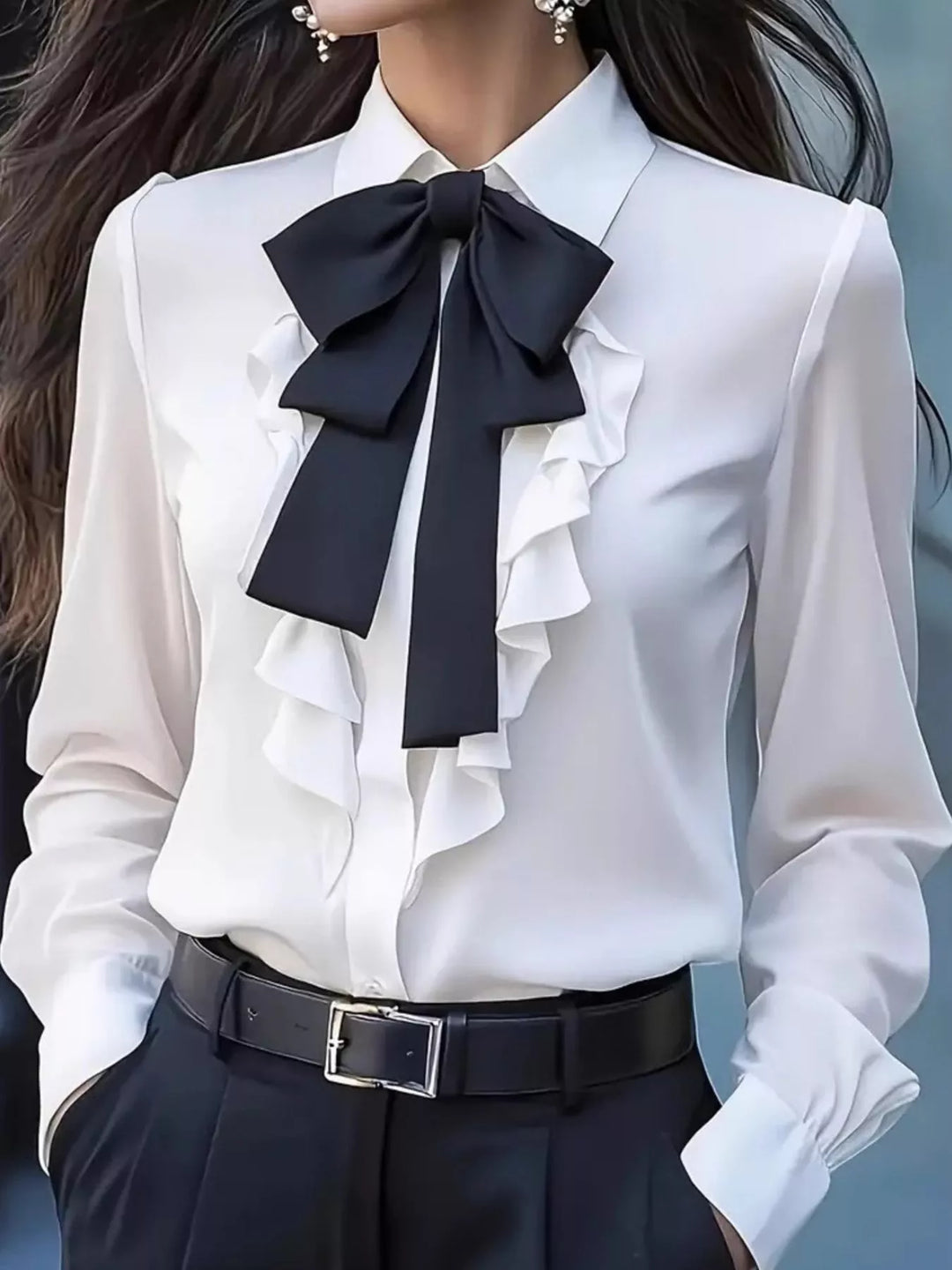 Ruffled Tie Front Long Sleeve Blouse