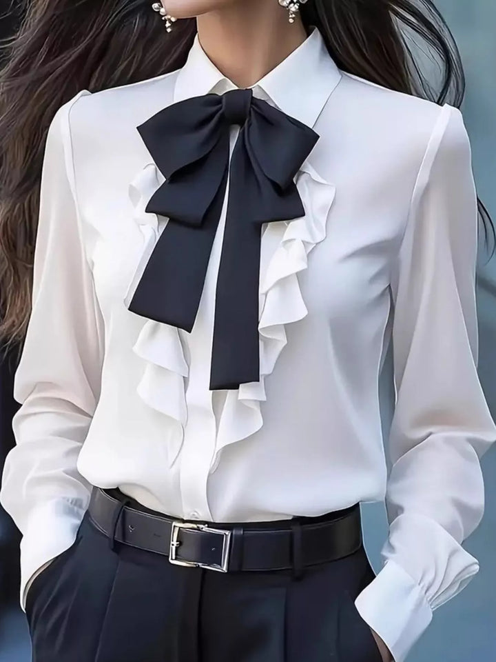 Ruffled Tie Front Long Sleeve Blouse
