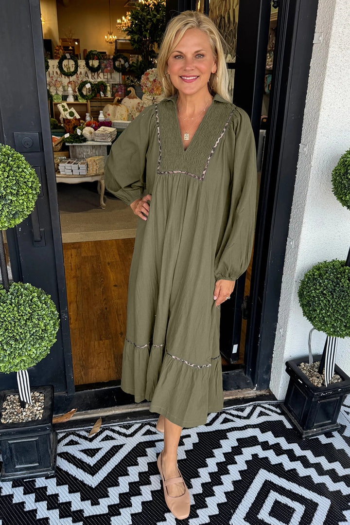 Four Leaf Clover Collared V Neck Smocked Detail Contrast Leopard Trim Bracelet Sleeve Long Dress