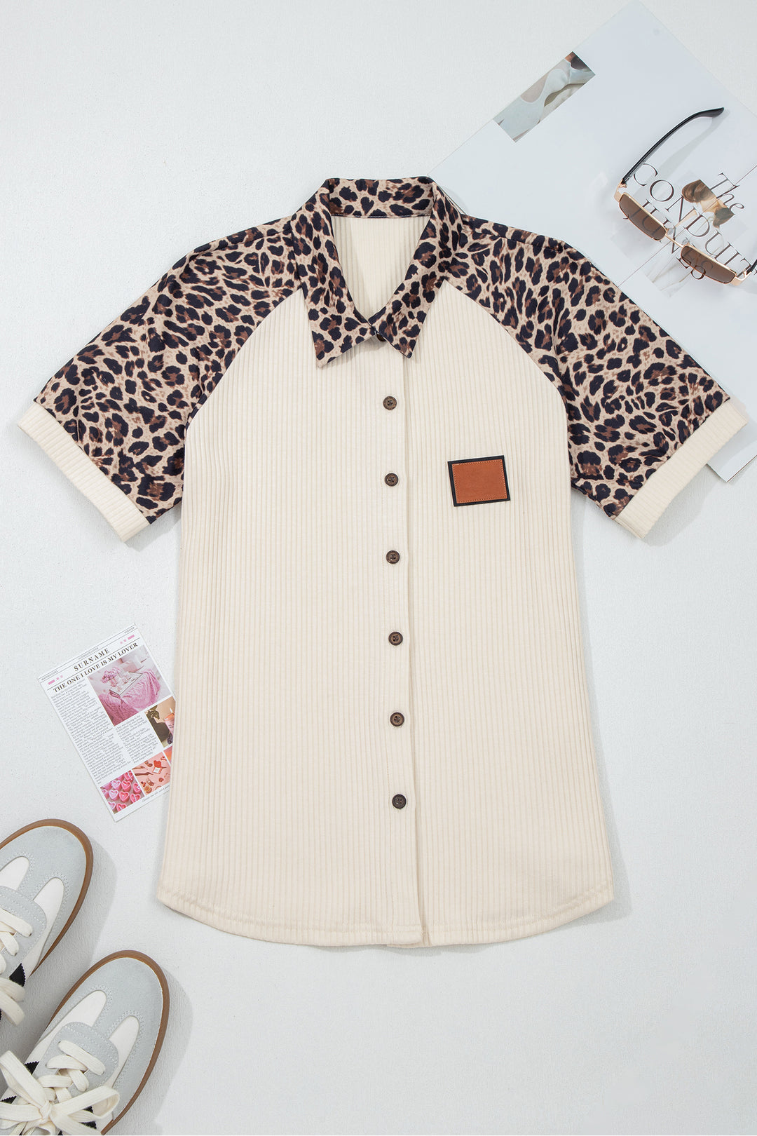 White Ribbed Texture Button Down Leopard Patchwork Short Sleeve Shirt