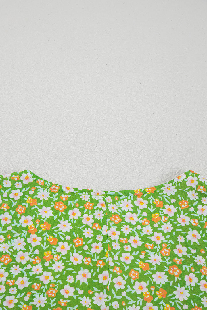 Green Floral Print Ruffle Sleeve V Neck Blouse Top