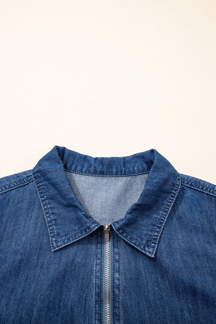 Blue Zip up Collared Short Sleeve Shift Mini Denim Dress