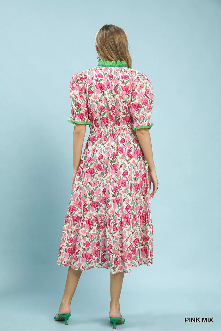Umgee Floral Ruffle Trim Tiered Midi Dress