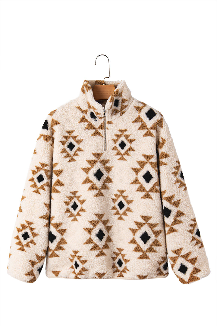 Khaki Aztec Print Sherpa Quarter Zip Collar Sweatshirt
