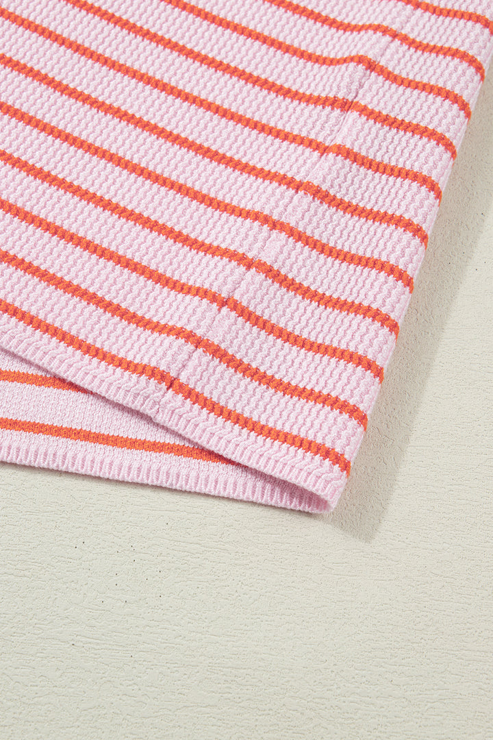 Pink Stripe Textured Knit Sleeveless Casual Sweater Top
