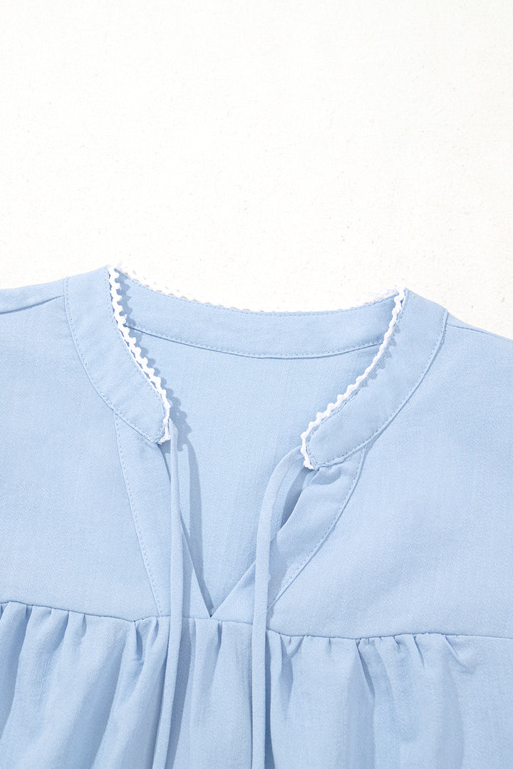 Beau Blue 花卉刺繡泡泡袖開衩襯衫