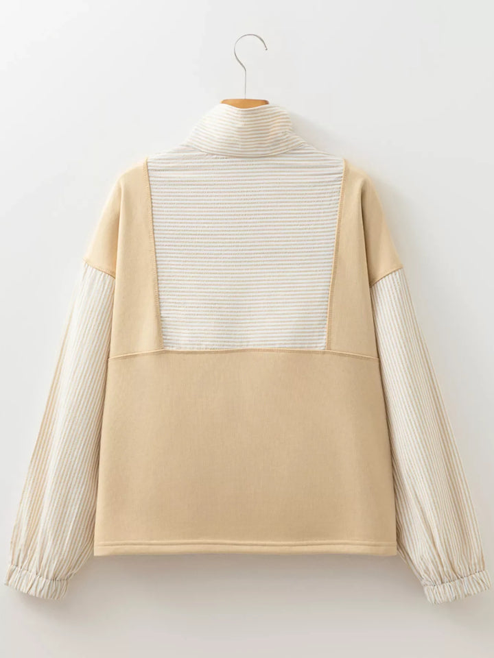 Quarter Zip Striped Patchwork Drop Shoulder Loose Long Sleeve Top