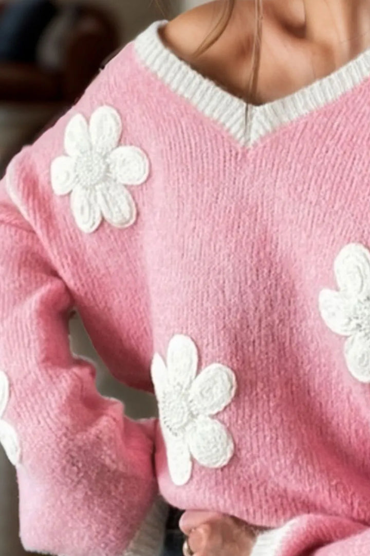 Flower V-Neck Dropped Shoulder Sweater