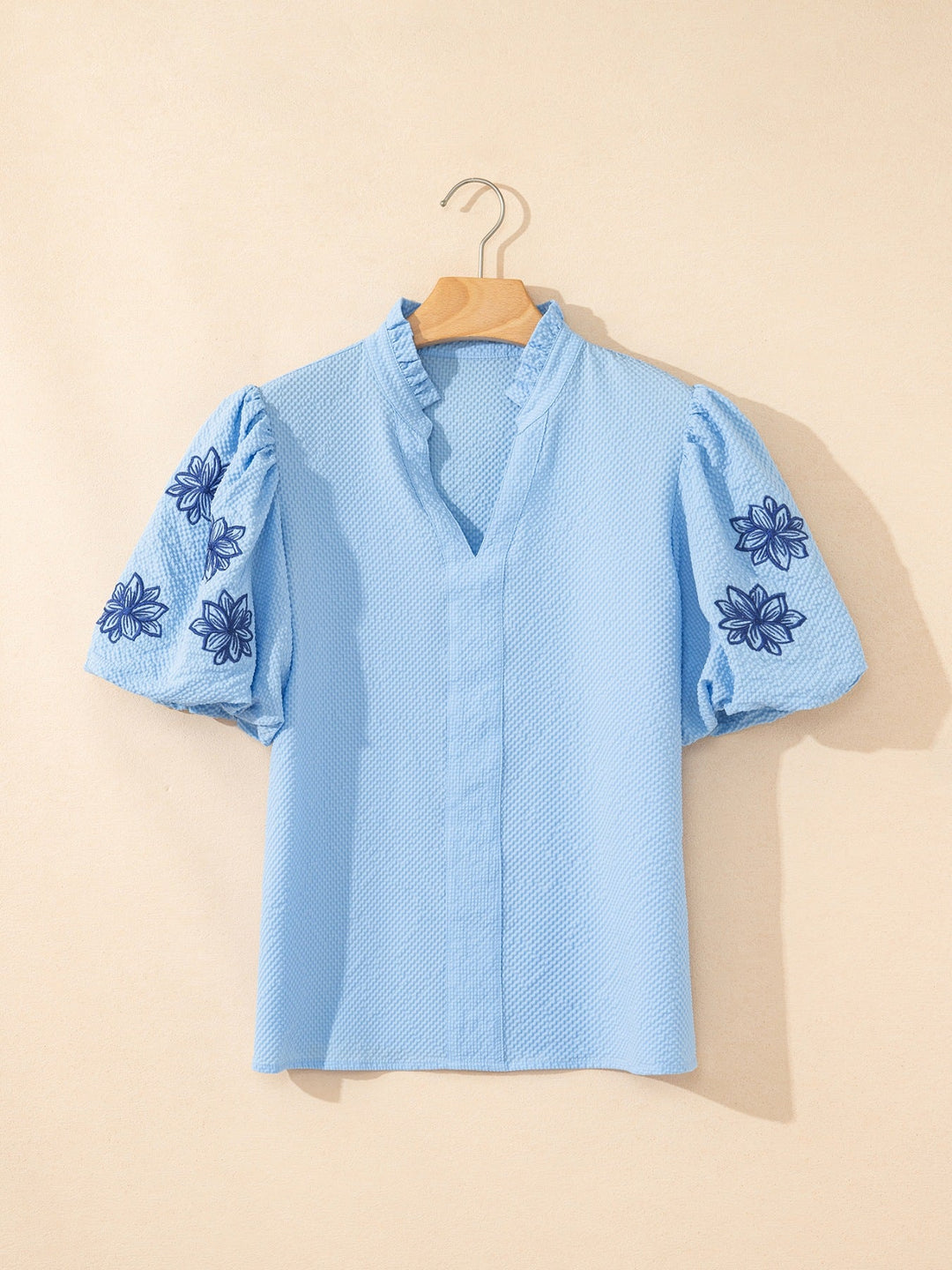 Flower Embroidered Puff Sleeve Split Neck Textured Blouse