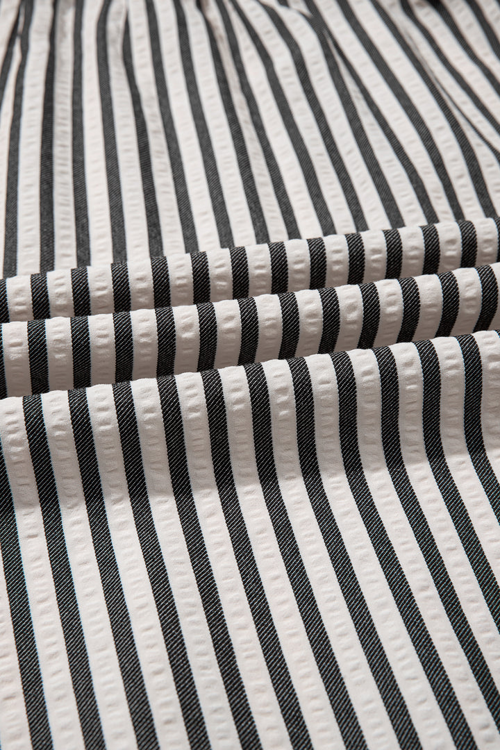 Black Stripe Scallop Trim Shirt Collar Half Button 3/4 Sleeve Long Dress
