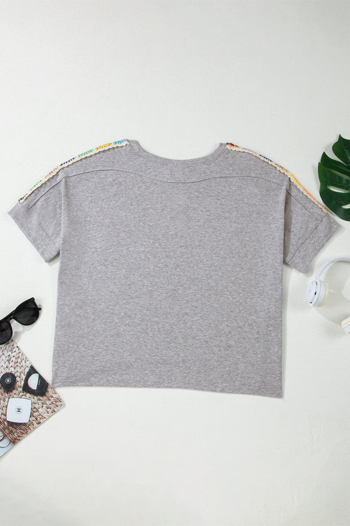 Light Grey Granny Square Crochet Detail Loose T Shirt